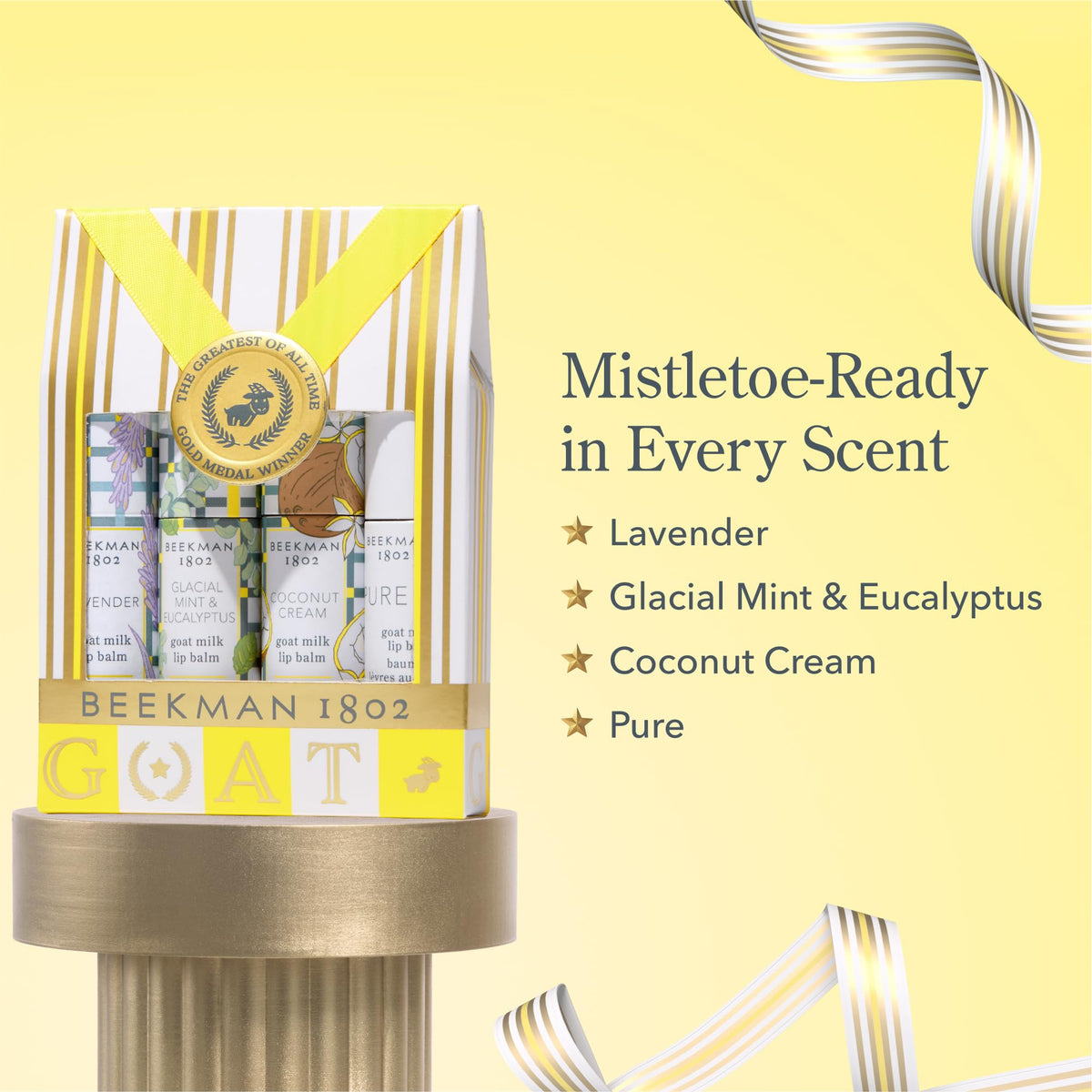 Beekman 1802 Goat Milk Lip Balm on a shelf display for gifting ideas.