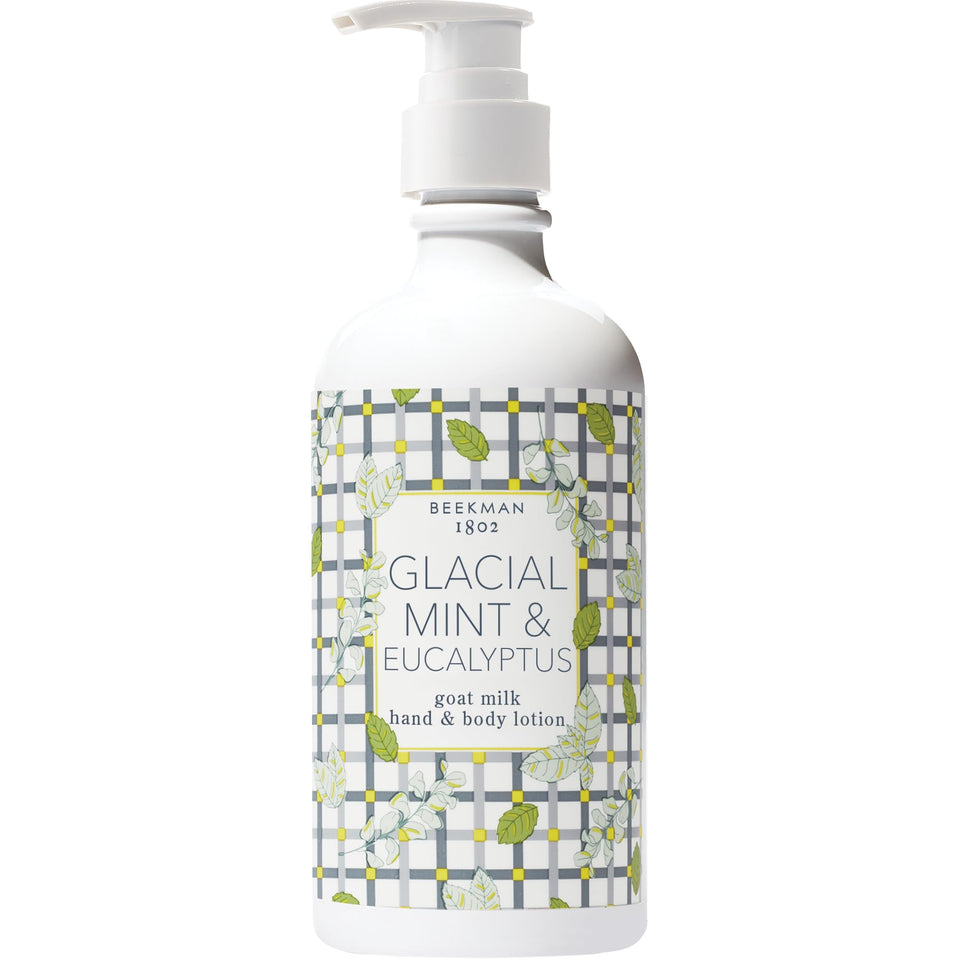 Beekman 1802 goat milk lotion pump bottle for long-lasting moisture.