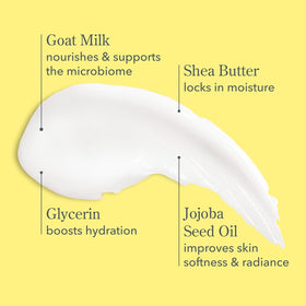 Beekman 1802 Goat Milk Lotion texture close-up shows creamy, lightweight formula.