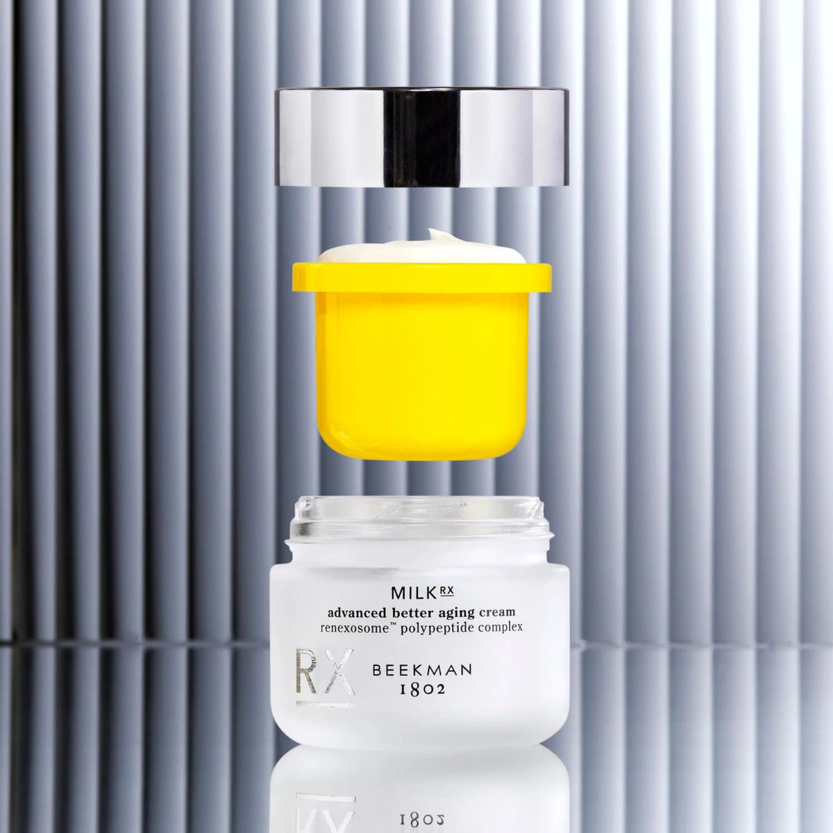 Beekman 1802 Milk RX advanced cream jar - smooth texture for daily nourishment.