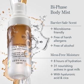 Beekman 1802 Milk Shake bottle-side label highlighting alcohol-free, microbiome-friendly formula