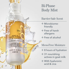 Beekman 1802 Milk Shake Hydrating Body Mist label close-up highlighting honey and orange blossom scent.