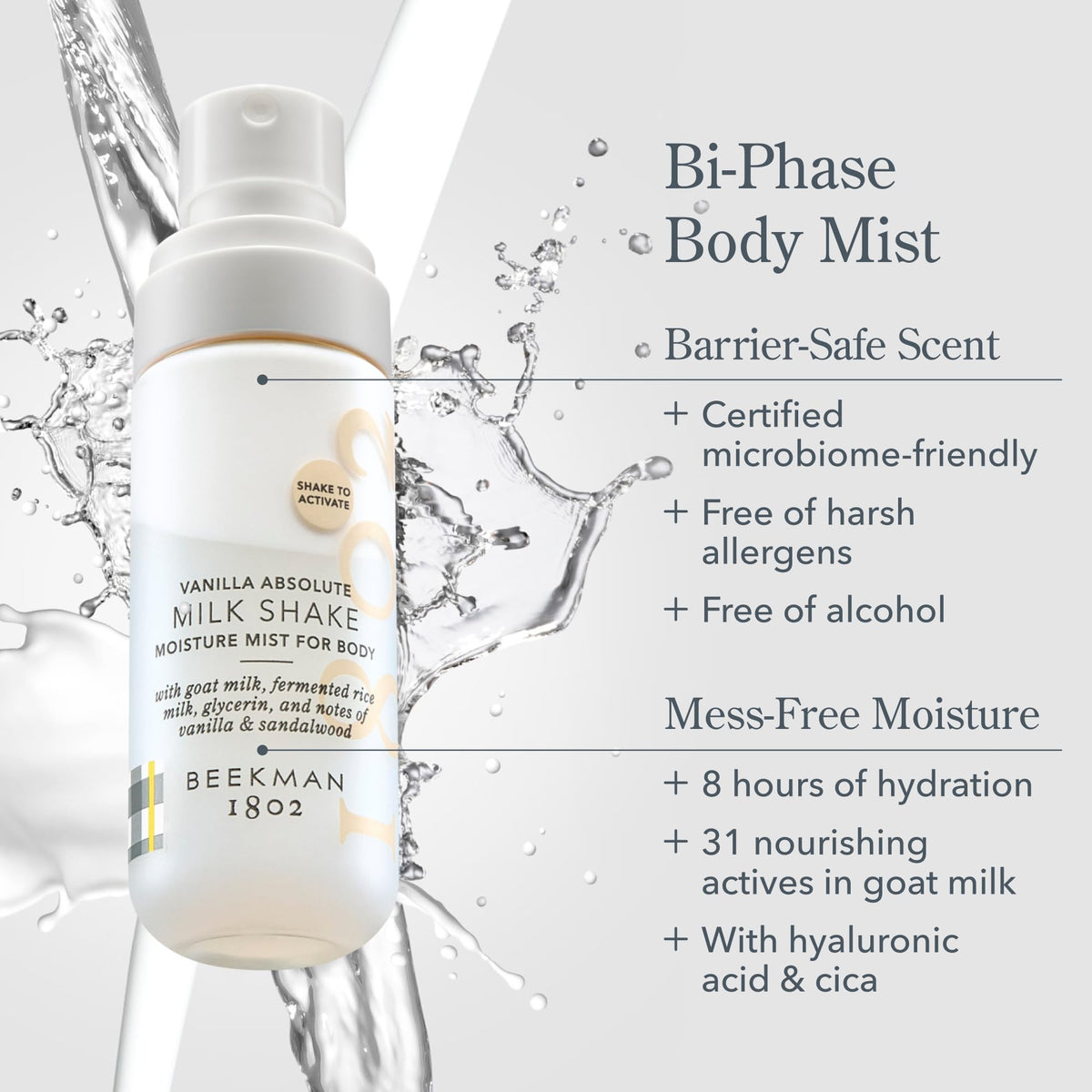Beekman 1802 Milk Shake Hydrating Body Mist after-shower spray nourishes and refreshes skin.