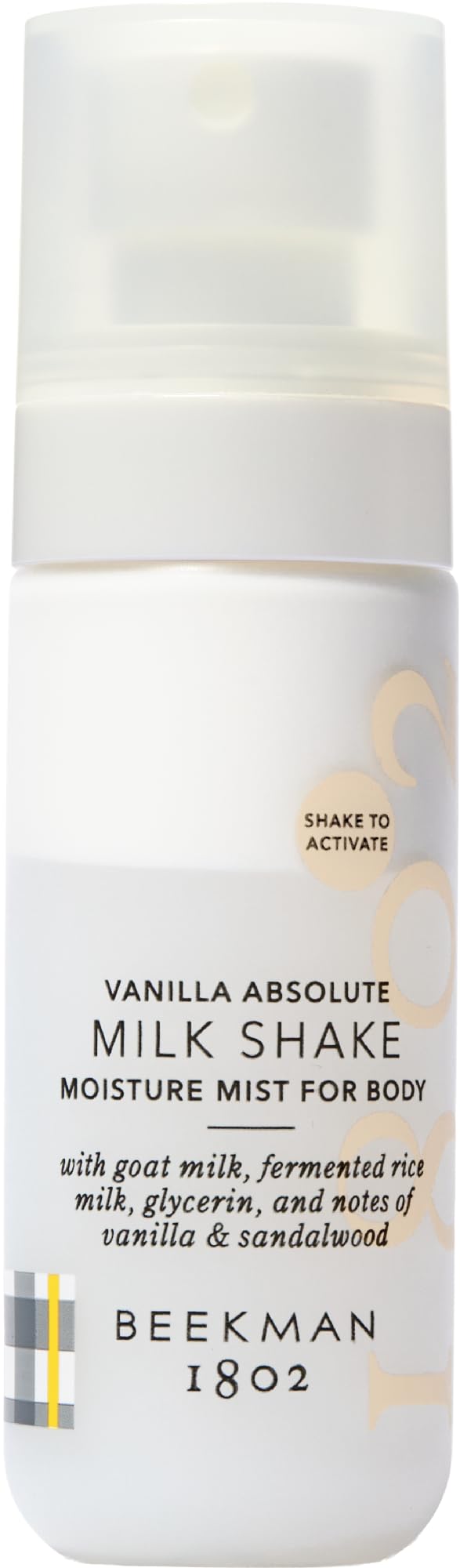 Beekman 1802 Milk Shake Hydrating Body Mist bottle delivers instant moisture without sticky residue.