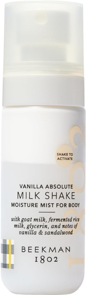 Beekman 1802 Milk Shake Hydrating Body Mist bottle delivers instant moisture without sticky residue.