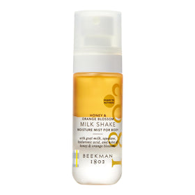 Beekman 1802 Milk Shake Hydrating Body Mist bottle showing lightweight moisture for sensitive skin after shower