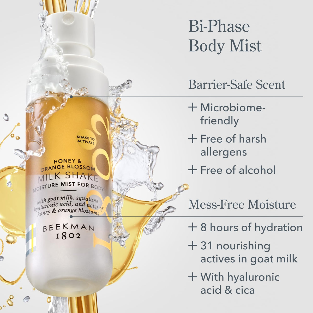 Beekman 1802 Milk Shake Hydrating Body Mist label closeup highlight goat milk formula