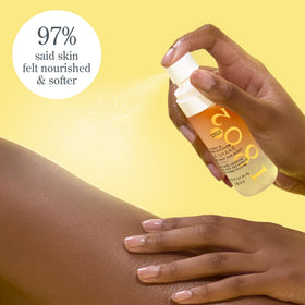 Beekman 1802 Milk Shake Hydrating Body Mist spray in use, refreshing on the go