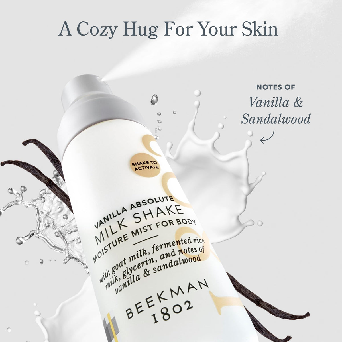 Beekman 1802 Milk Shake Hydrating Body Mist Vanilla Absolute provides soothing aroma and light hydration.