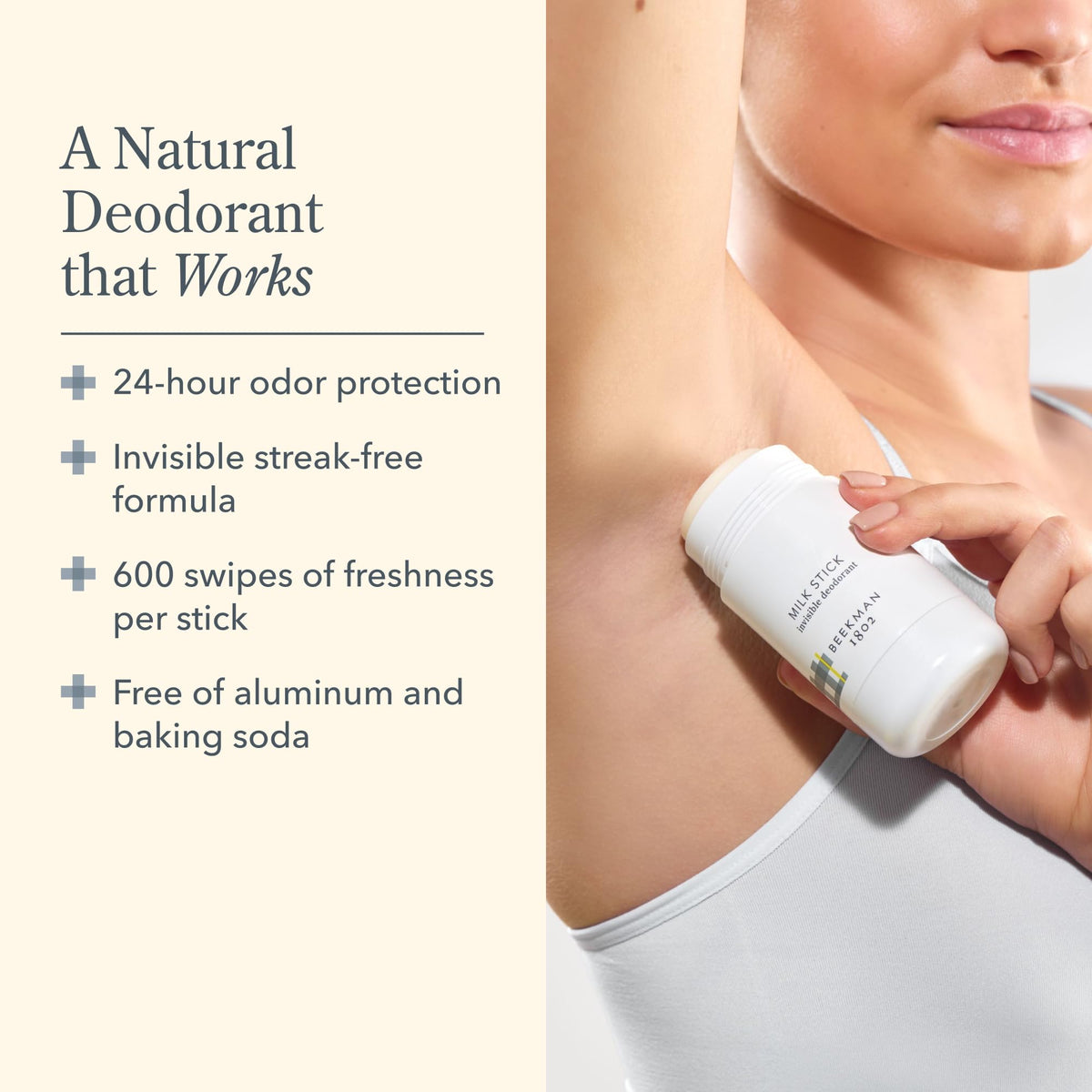 Beekman 1802 Milk Stick application glide shows smooth, stain-free coverage.