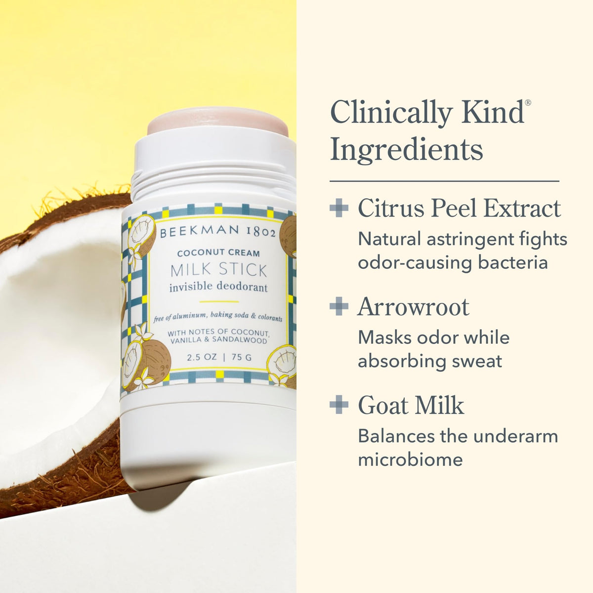 Beekman 1802 Milk Stick coconut cream scent provides gentle, lasting aroma.