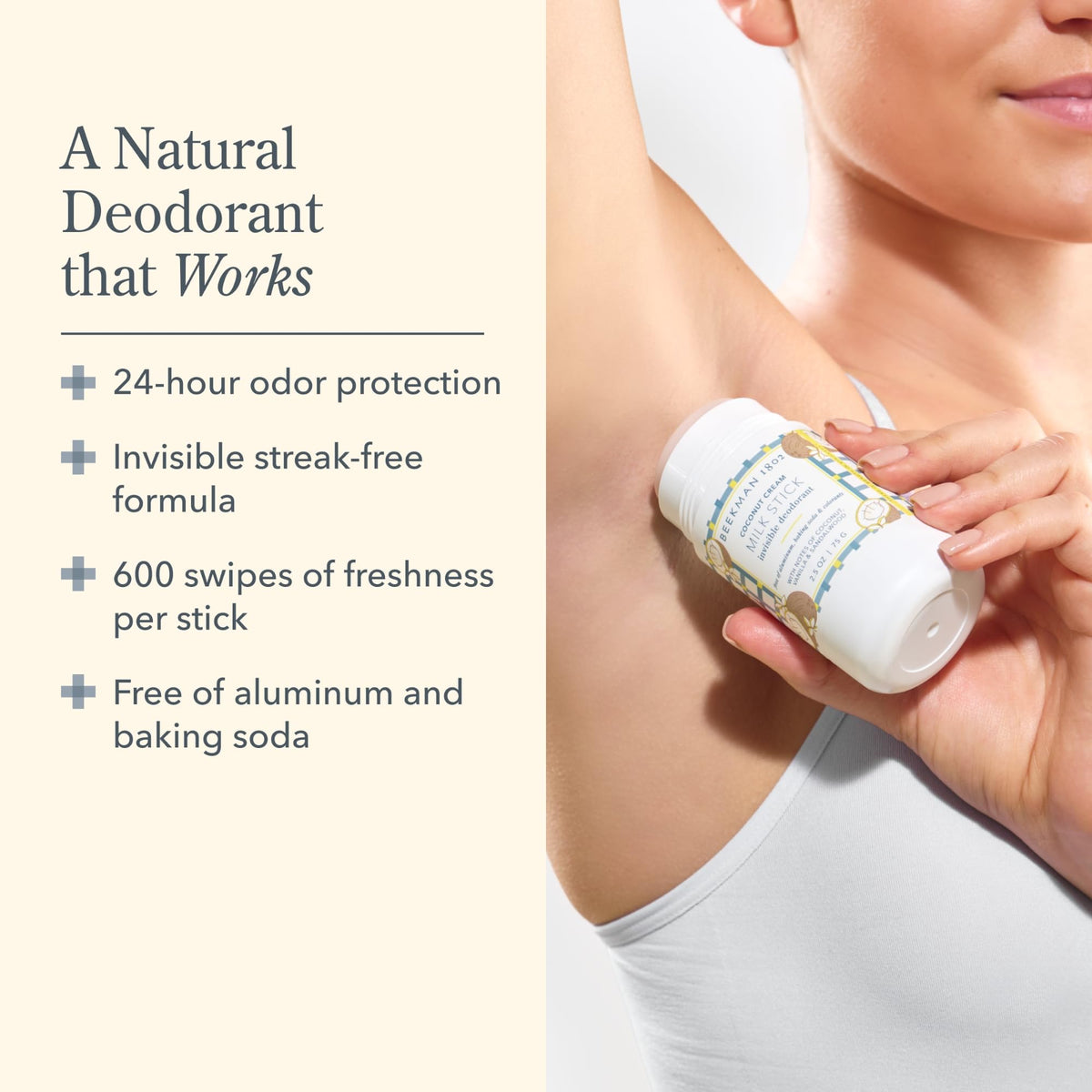 Beekman 1802 Milk Stick invisible formula glides on smoothly without staining clothes.