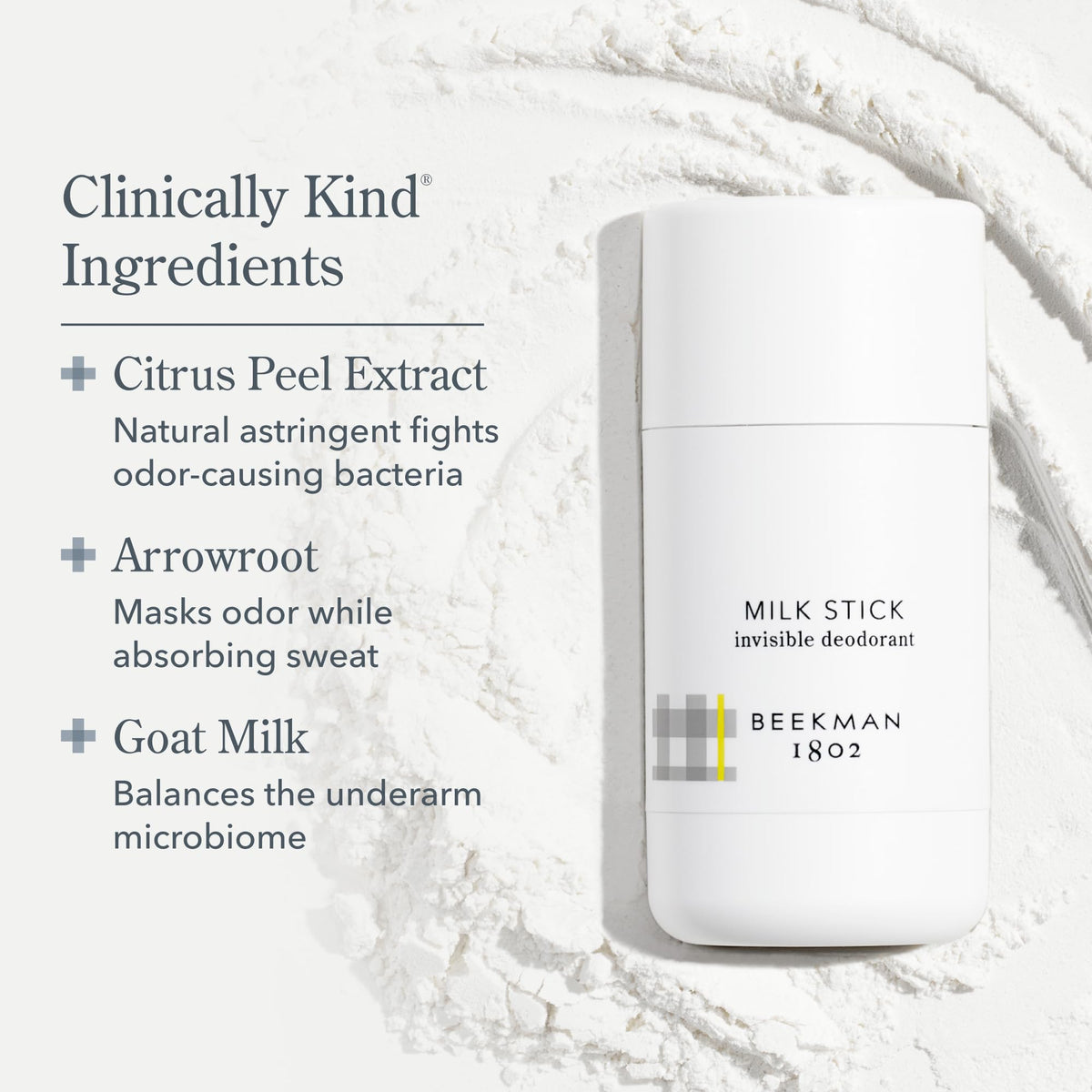 Beekman 1802 Milk Stick invisible formula on skin for clean wear.