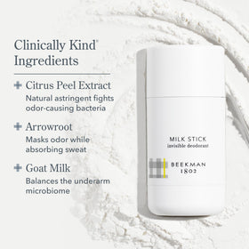 Beekman 1802 Milk Stick invisible formula on skin for clean wear.