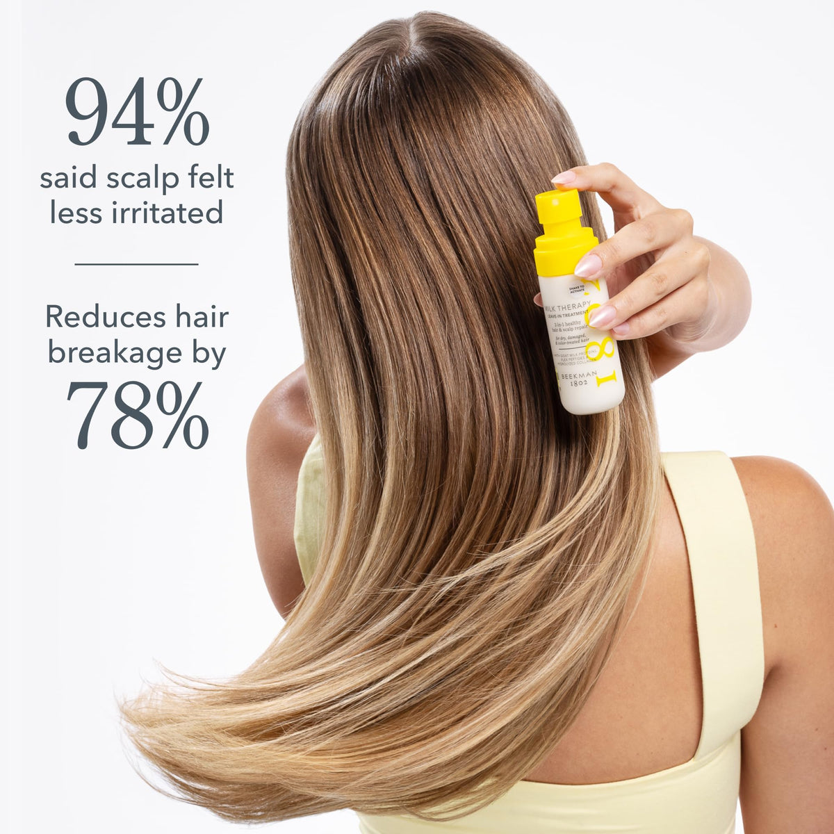 Beekman 1802 Milk Therapy Color-Treated Safe formula on color-treated hair.