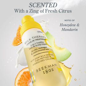 Beekman 1802 Milk Therapy Hair Shine close-up reveals enhanced gloss.