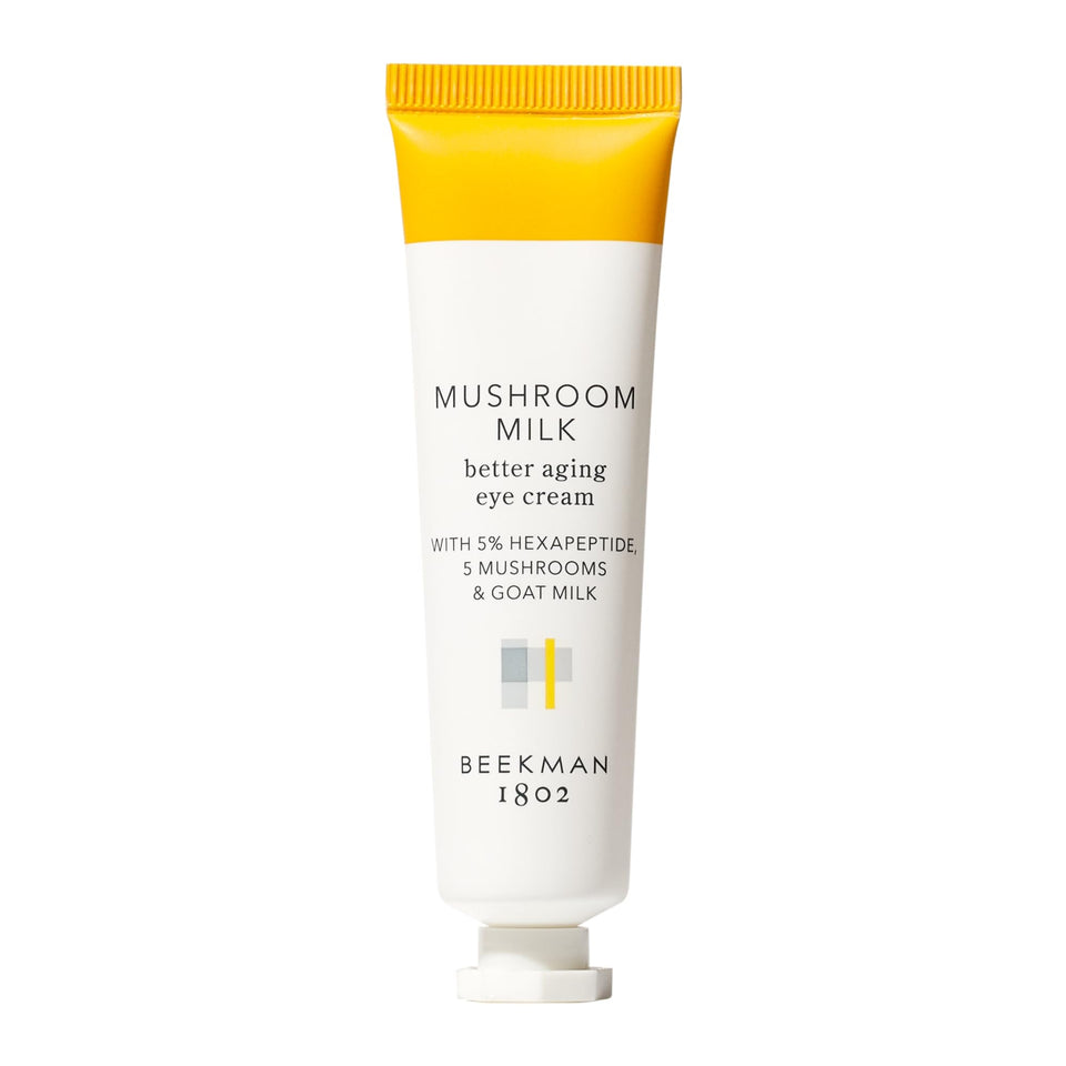 Beekman 1802 Mushroom Goat Milk Eye Cream tube showing daily eye care hydration.