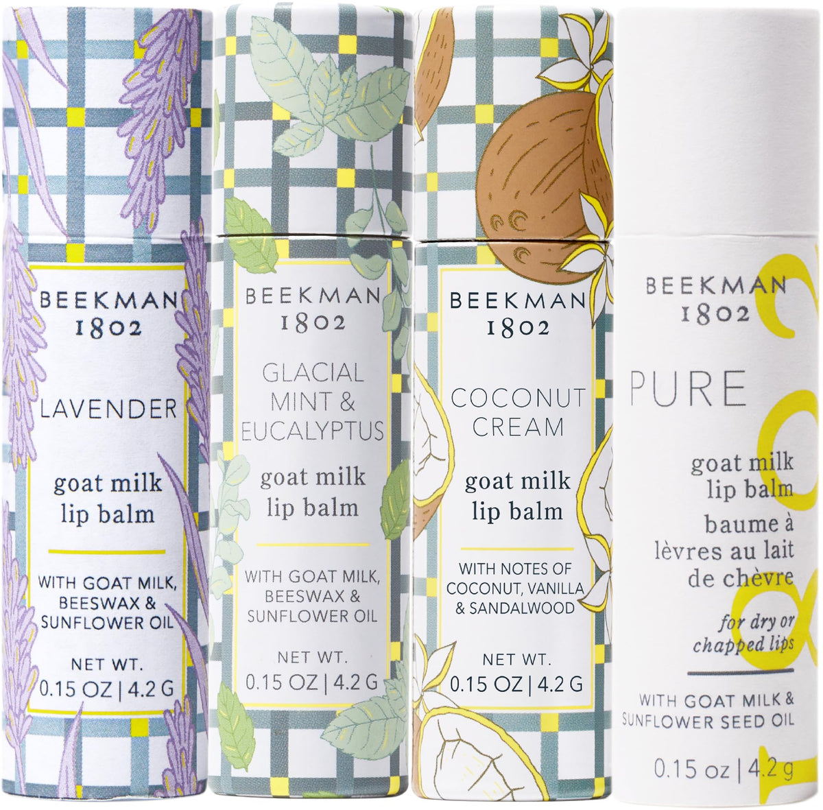 Pack of 4 Beekman 1802 lip balms in a collection for versatile use.