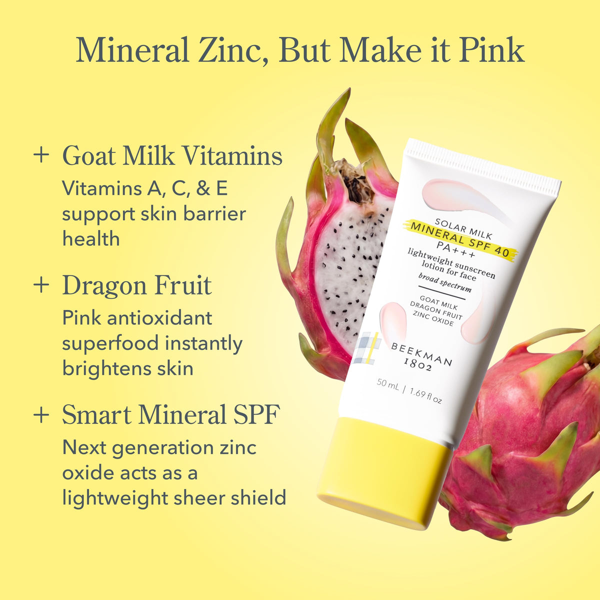 Beekman 1802 Solar Milk SPF 40 with goat milk ingredients.