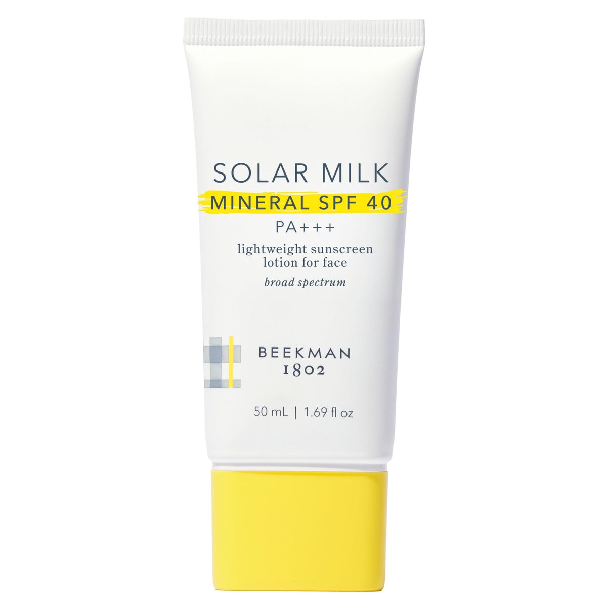 Beekman 1802 Solar Milk SPF 40 tube front view with daily protection.
