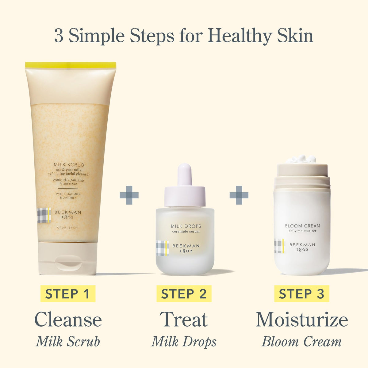 Beekman 1802 product on bathroom shelf signaling gentle cleanse.