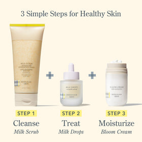 Beekman 1802 product on bathroom shelf signaling gentle cleanse.