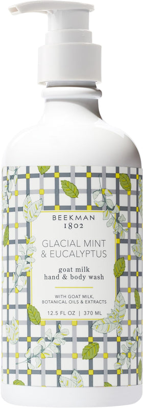 Beekman 1802 goat milk hand soap bottle pour with mint and eucalyptus scent.