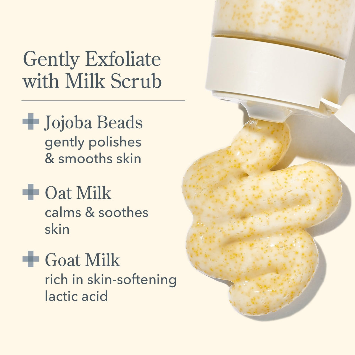 Beekman 1802 goat milk and lactic acid highlight natural exfoliation.
