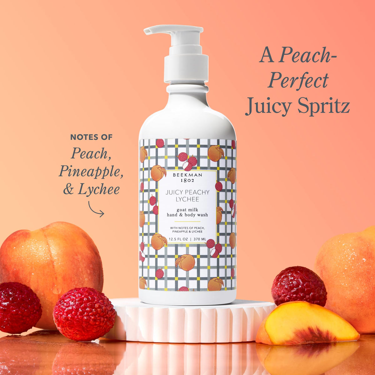 Beekman 1802 Juicy Peachy Lychee label, vibrant packaging for everyday cleansing with moisture.