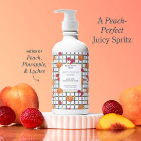 Beekman 1802 Juicy Peachy Lychee label, vibrant packaging for everyday cleansing with moisture.