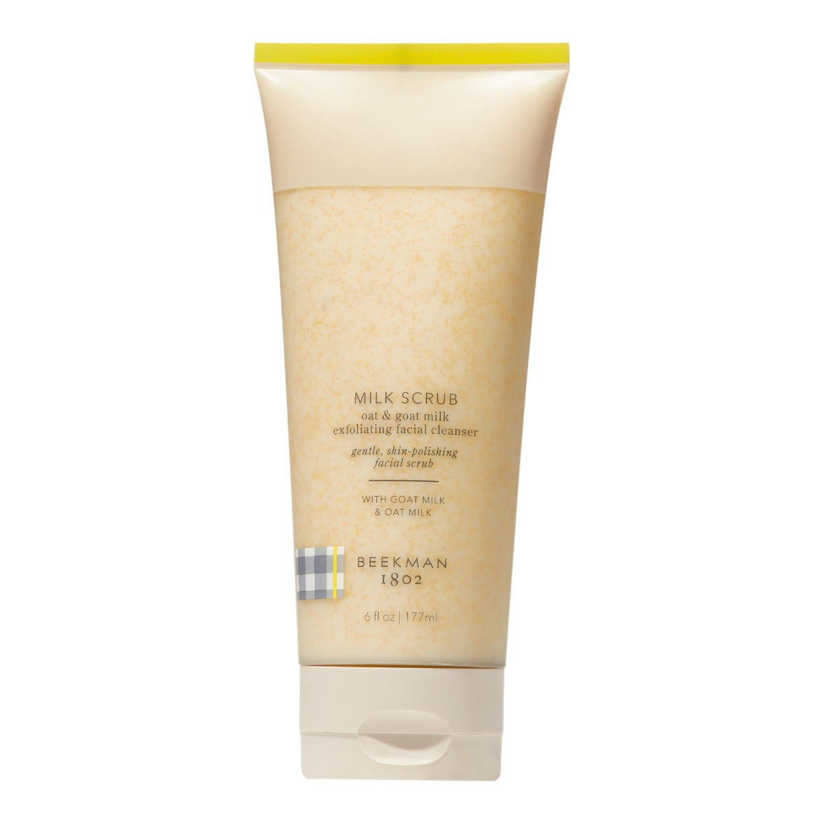 Beekman 1802 oat and goat milk exfoliating scrub jar with creamy texture for gentle polish.