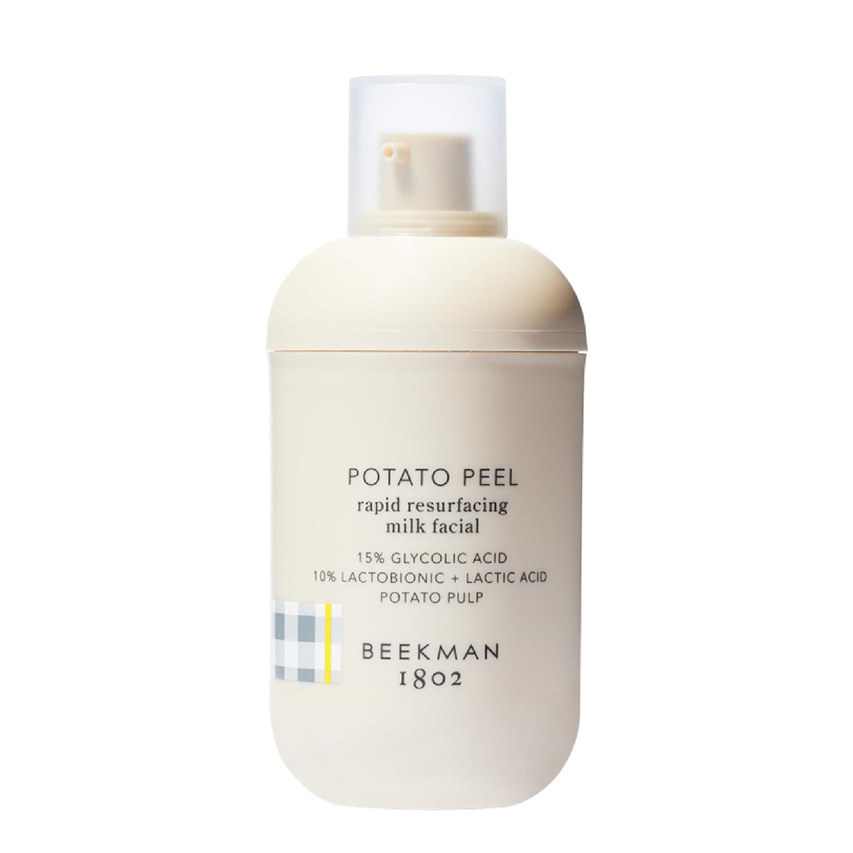 Beekman 1802 Potato Peel jar close-up shows gentle exfoliation for smoother skin.