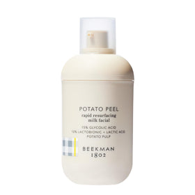 Beekman 1802 Potato Peel jar close-up shows gentle exfoliation for smoother skin.