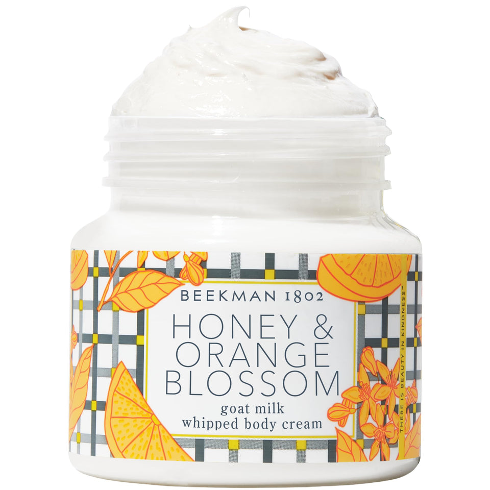 Beekman 1802 whipped body cream jar shows rich hydration for dry skin
