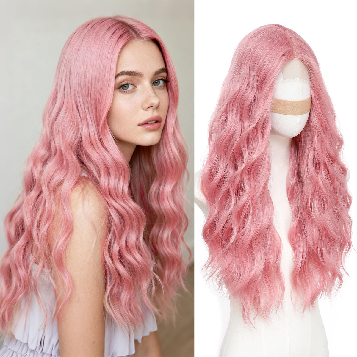 Beelu pink wig 26-inch wavy middle-part lace hairline for daily wear