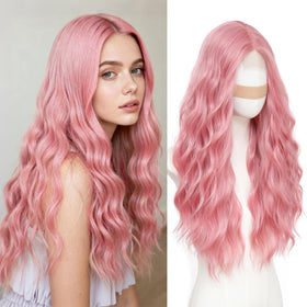Beelu pink wig 26-inch wavy middle-part lace hairline for daily wear