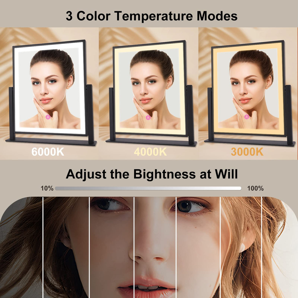 Beelux mirror with dimmable color modes for day to night looks