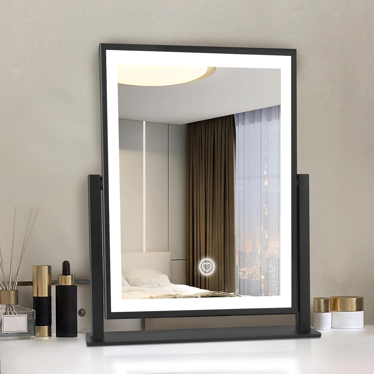 Beelux vanity mirror with lights viewed from the front for precise makeup application