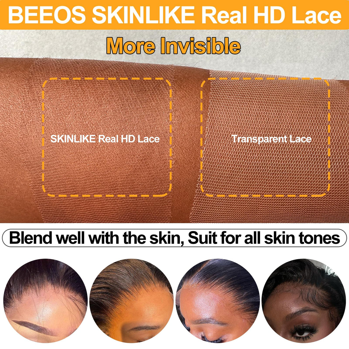 BEEOS skinlike Real HD lace with bleached knots closeup for natural hairline.