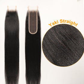 Beeos Yaki Straight closure demonstrating natural, smooth texture and parting.