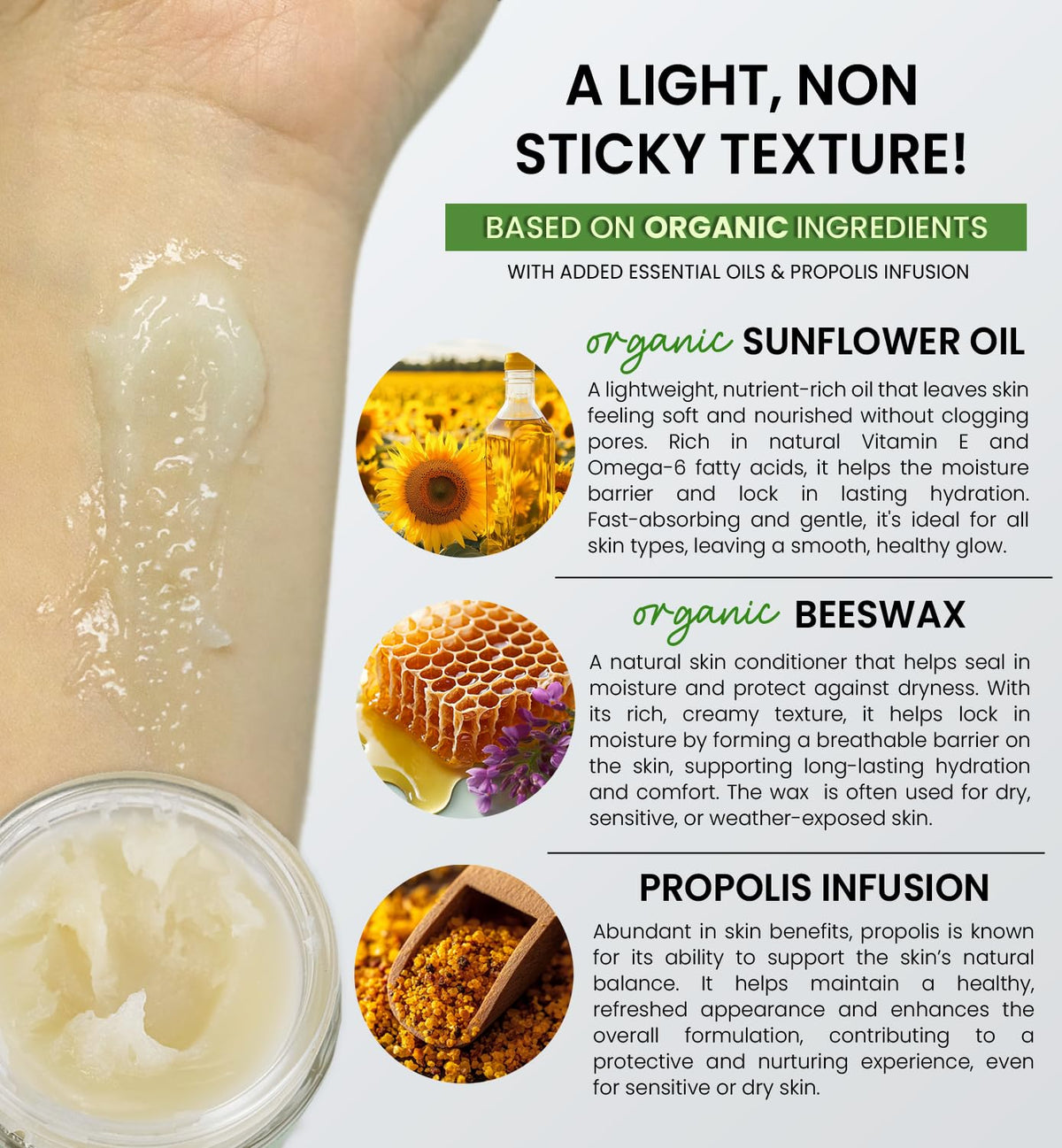 Beesaluxe HoneyBotan texture close-up reveals a non-greasy, breathable moisture barrier