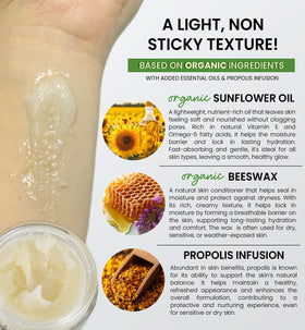 Beesaluxe HoneyBotan texture close-up reveals a non-greasy, breathable moisture barrier