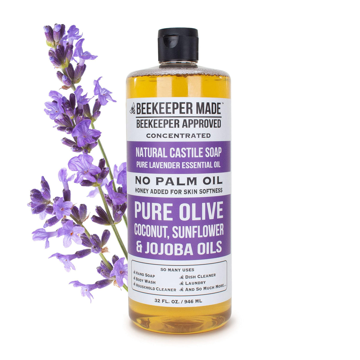 Beessential Beekeeper Made Castile Soap bottle displaying olive oil blend for sensitive skin care