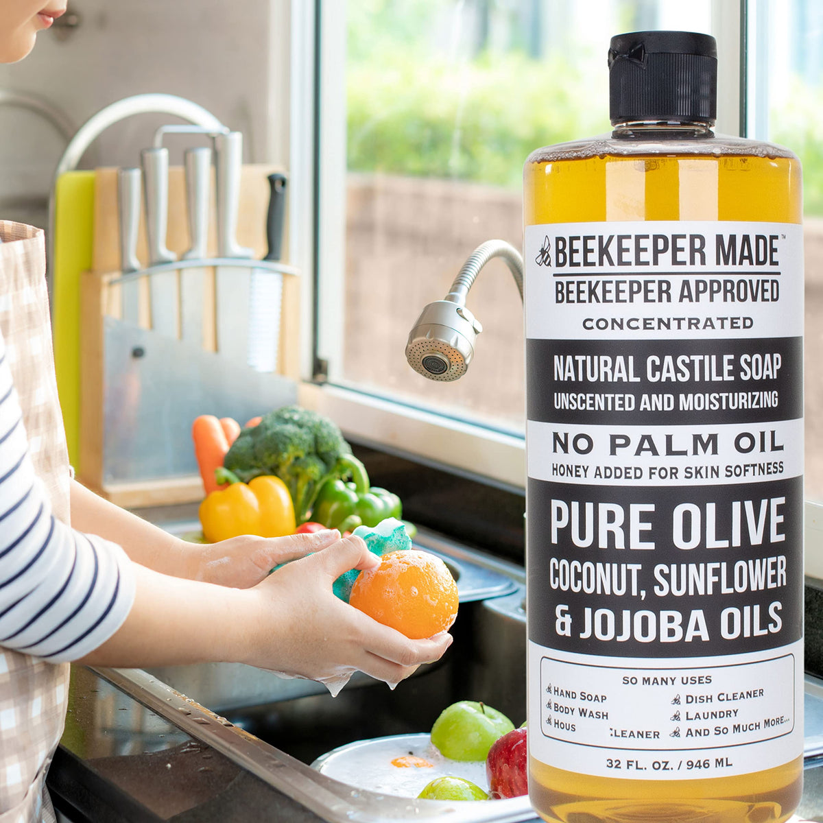 Front packaging of Beessential Castile Soap showcasing product information