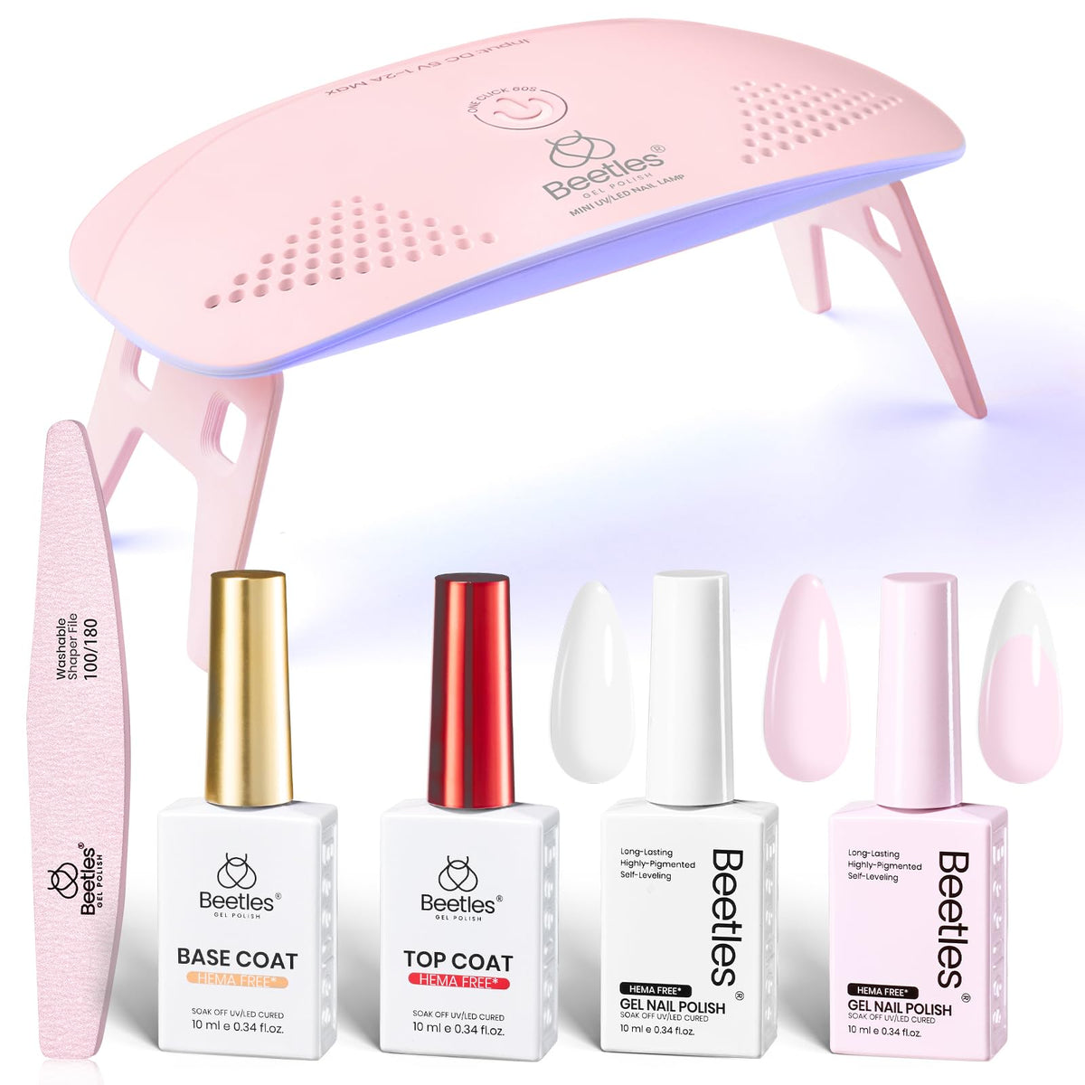 Beetles gel polish kit with white and pink colors for at home manicure