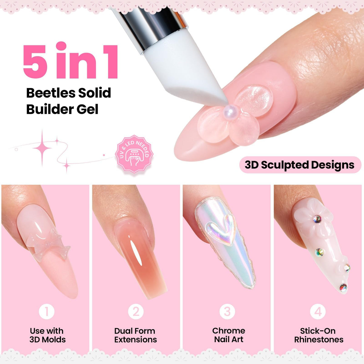 Beetles 3D gel nail art Ballet Whisper pink solid close-up for bold DIY nails