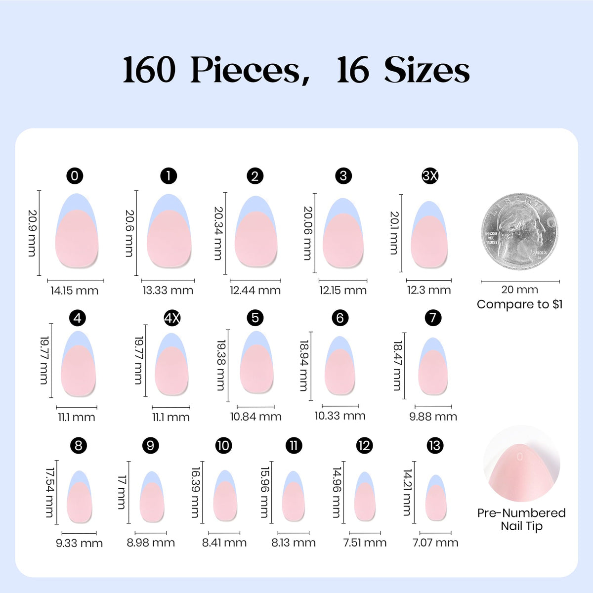 Beetles blue tips design shown for a modern French manicure.