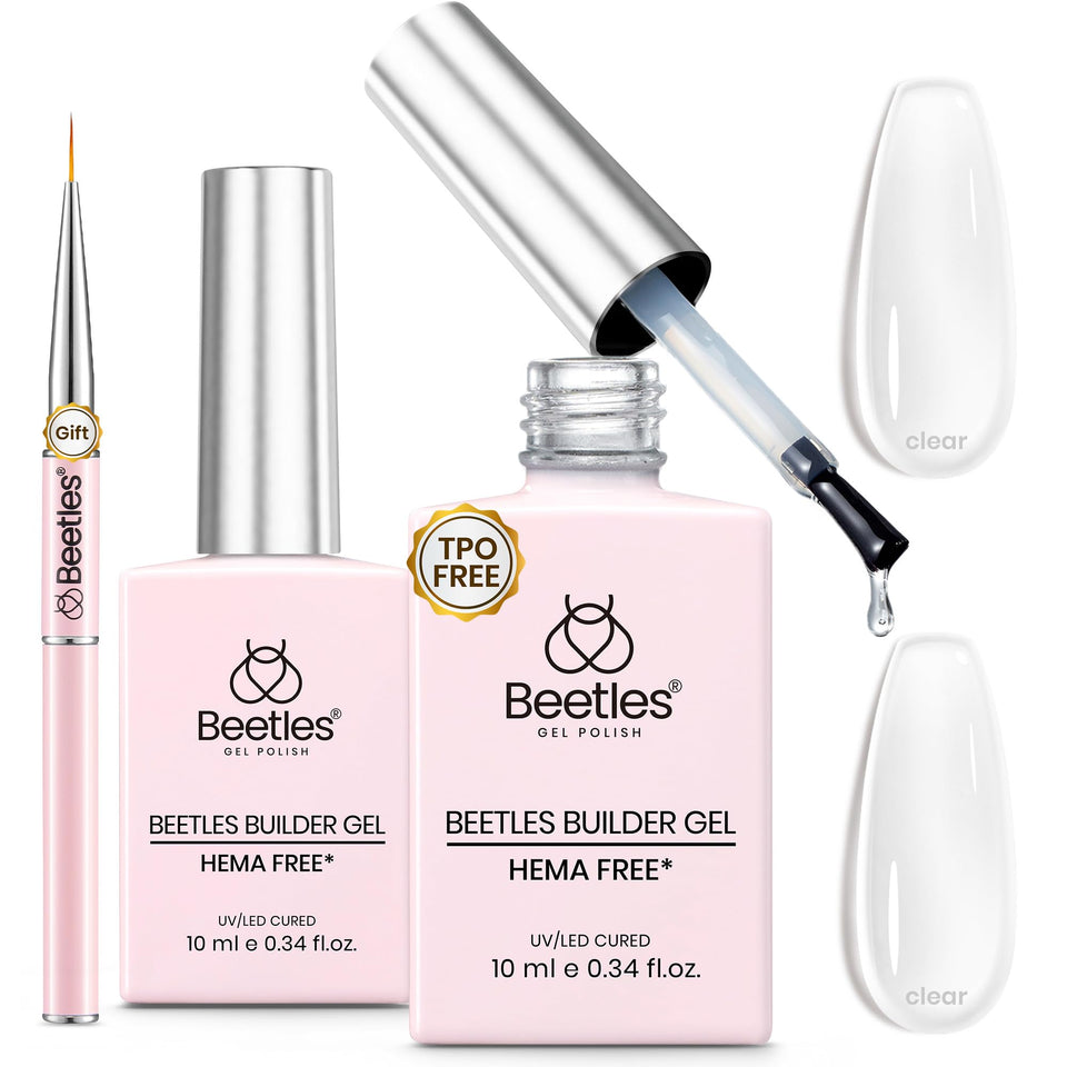 Beetles Builder Gel 2pcs clear bottles for overlays and thickness.