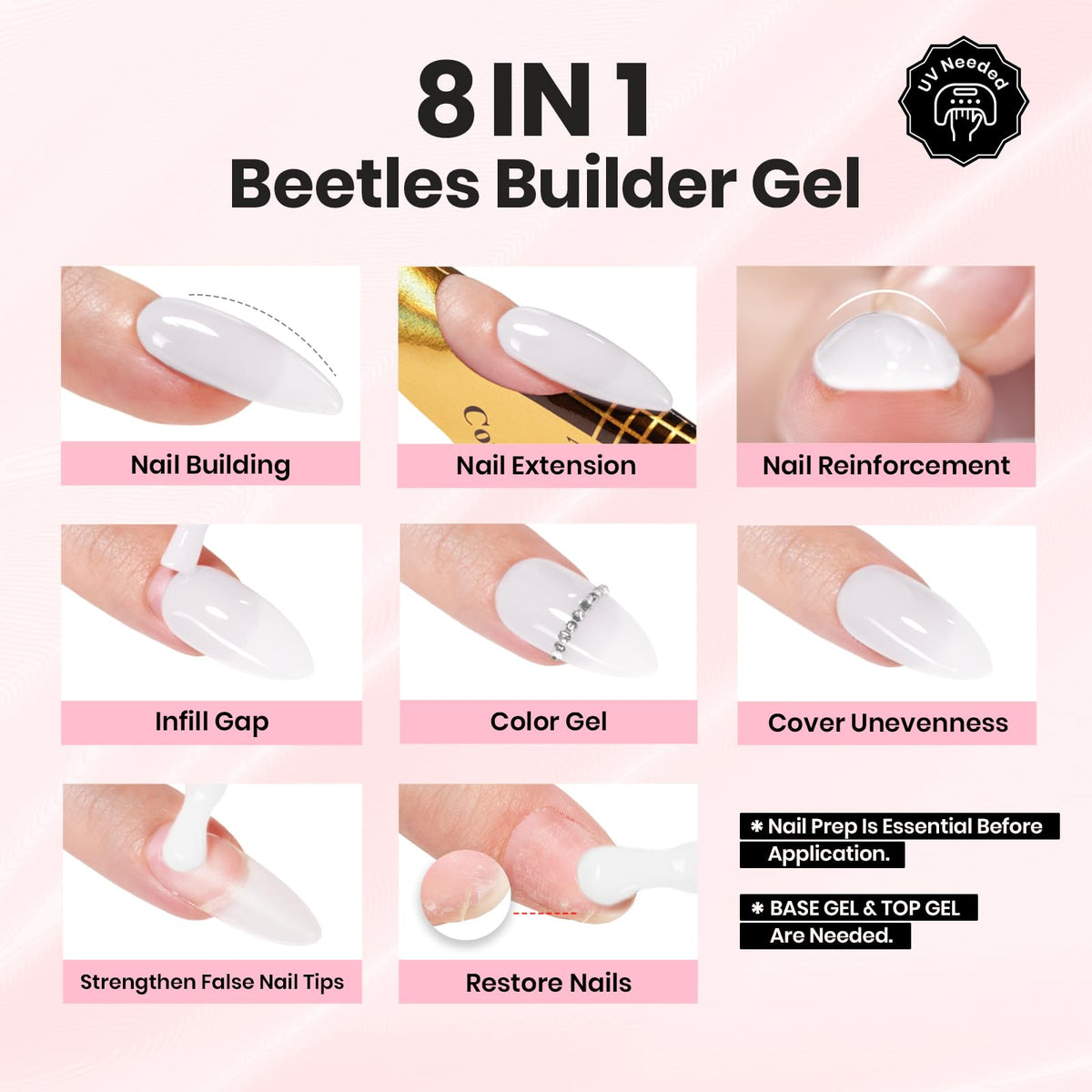Beetles Builder Gel nail extension preview demonstrates short-length reinforcement