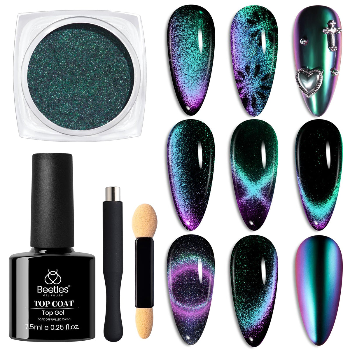 Beetles Cat Eye Chrome Nail Powder jar displays shimmering cat-eye effect for chic nails
